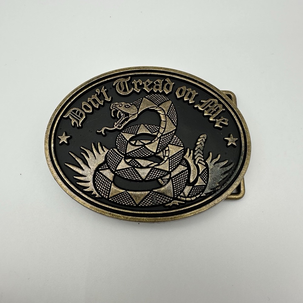 Vintage Don't Tread On Me Gadsden Flag Snake Belt Buckle Bronze Black Enamel Dad